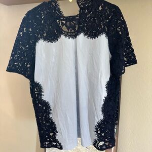 Elegant light blue and navy Lace Women's Top L